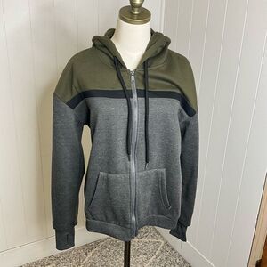 Bebe Sports Women's Large Grey Green Full Zip Thumb Holes Jacket Coat Hooded